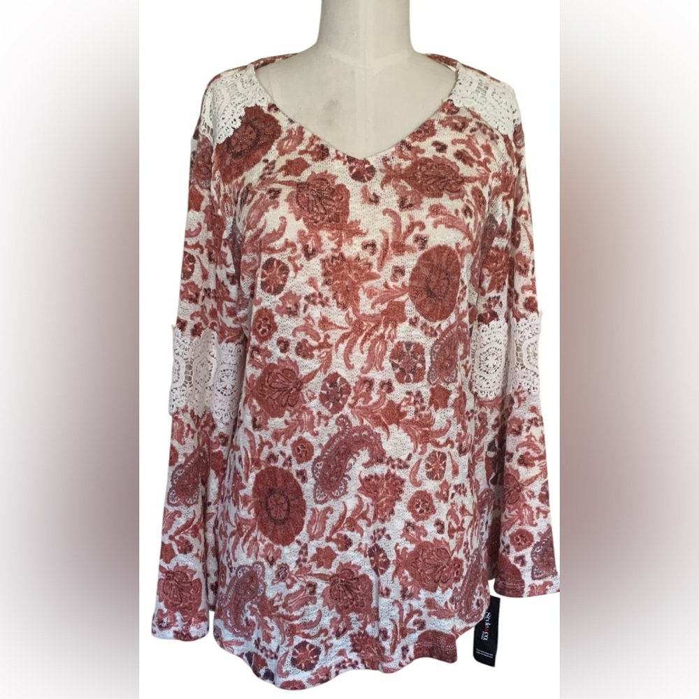 Style&co Petite PL Rich Auburn Vintage Soul Decorative Long Sleeve Top